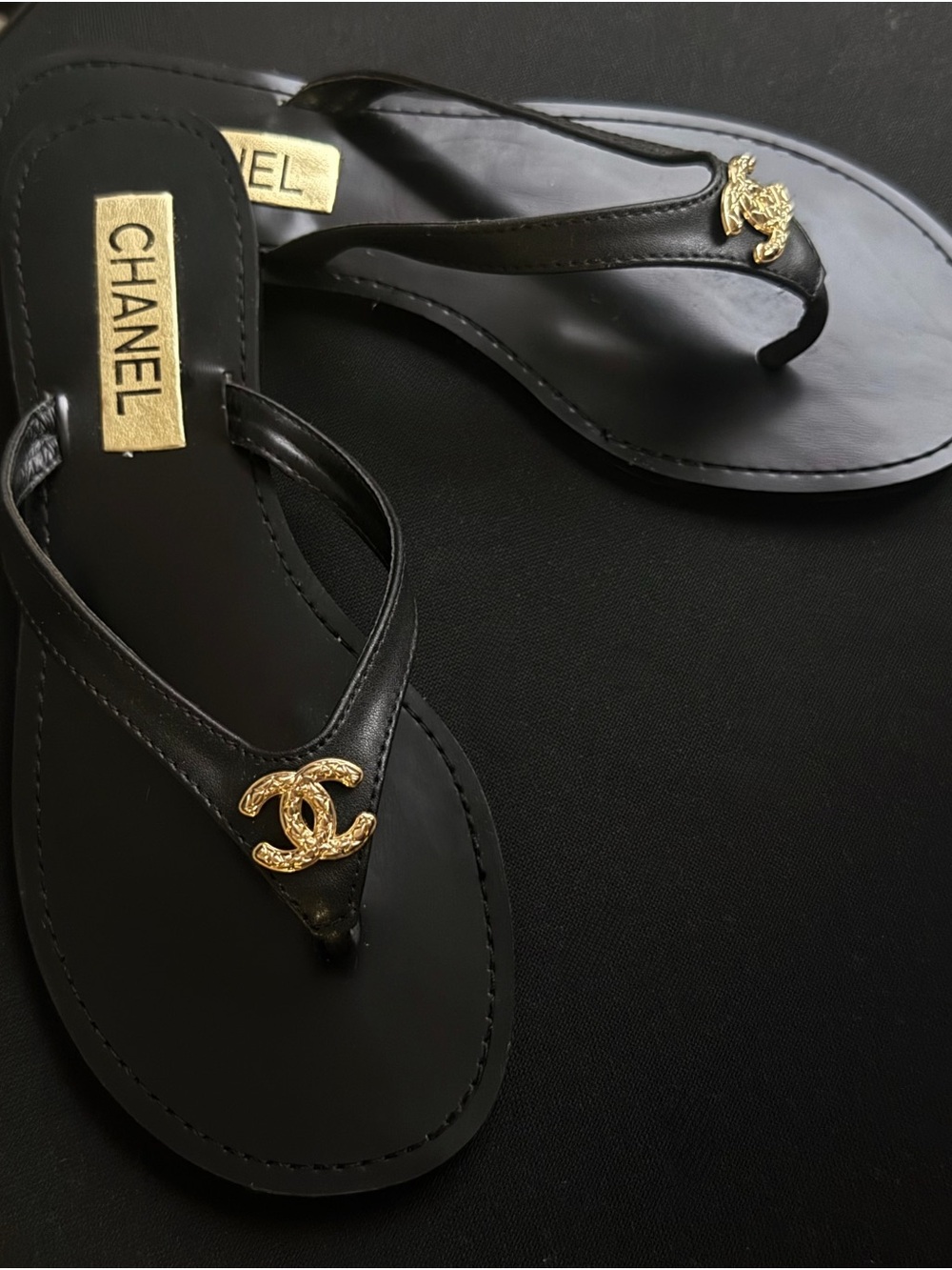 Black Leather Thong Sandals with Gold Logos